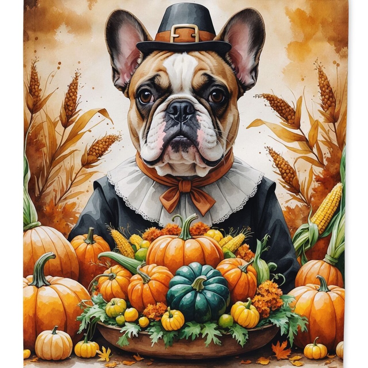 Edge Collections - 28" x 40" - Multicolor - French Bulldog Thanksgiving House Flag Decorative Sleeve Pole Banner - 1 Piece